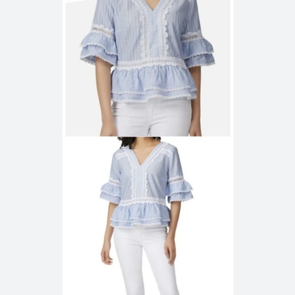 J. Crew Top Lace Trim Short Sleeve In Faded Peri Ruffles Pleating Womens… - Picture 7 of 7